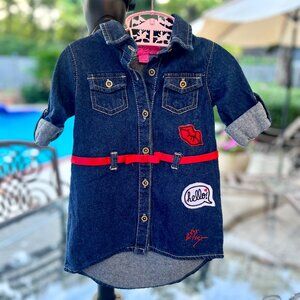 Betsey Johnson Denim Jean Dress w/Red satin ribbon 12/18M